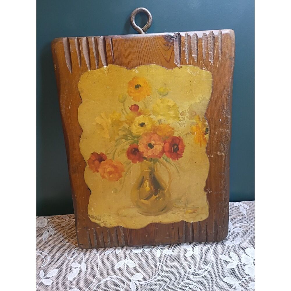 Rustic Cottagecore Wooden Wall Art, Vibrant Floral Print with Hanging Ring